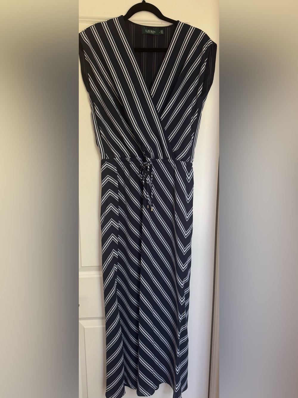 Lauren Ralph Lauren Navy and White Striped Wrap Maxi Dress with Tie Waist